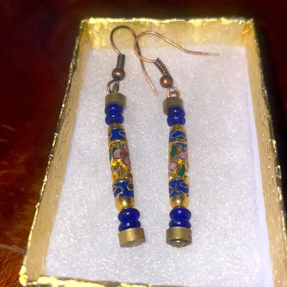 New dangle drop earrings floral blue and gold vintage